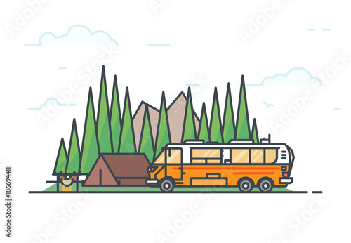 Camping in forest. Tent with fire and pot with food. Big six wheels caravan or camper motorhome. Family road trip concept. Traveling on vehicle and nature adventure. Line vector. Camping on wheels.