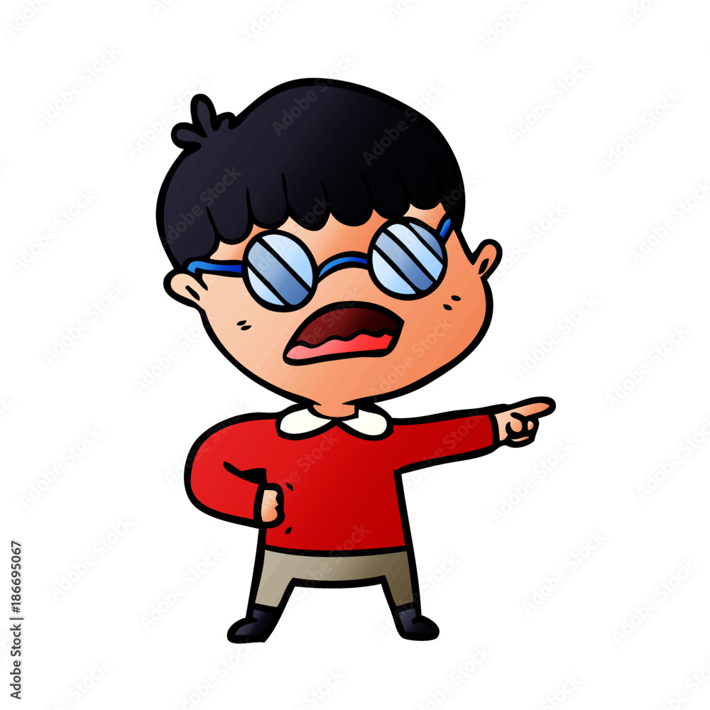 cartoon pointing boy wearing spectacles