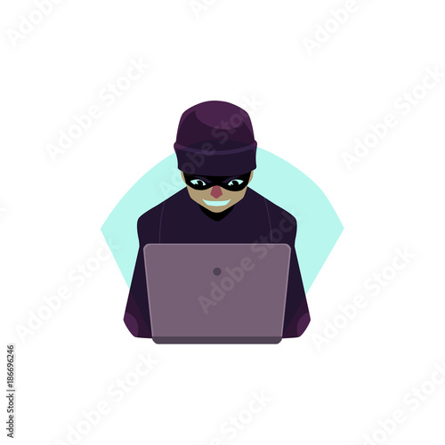 vector flat cartoon unidentified bandit hacker in black pullover, hat and mask with laptop trying to hack private data, security sistem. Isolated illustration on a white background.