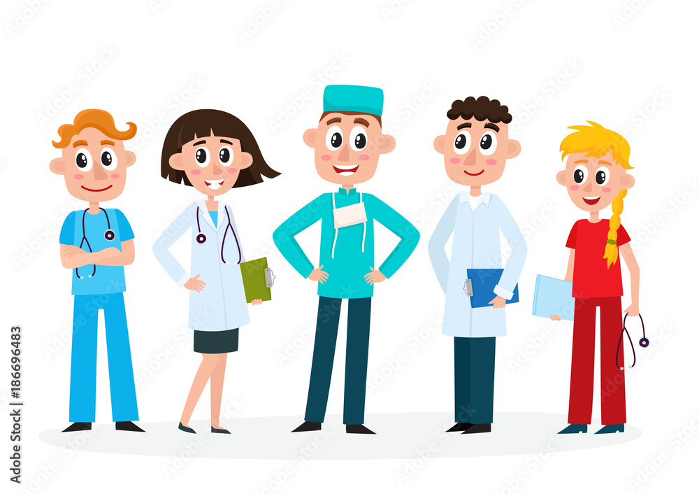Set of doctors, nurse and surgeon, medical staff, hospital employees, cartoon, comic vector illustration isolated on white background. Cartoon set of doctors, surgeon and nurse in medical uniforms
