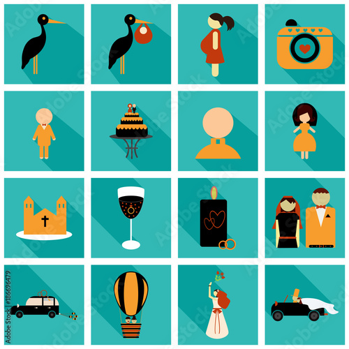 Set of weddings icons in flat style with shadow