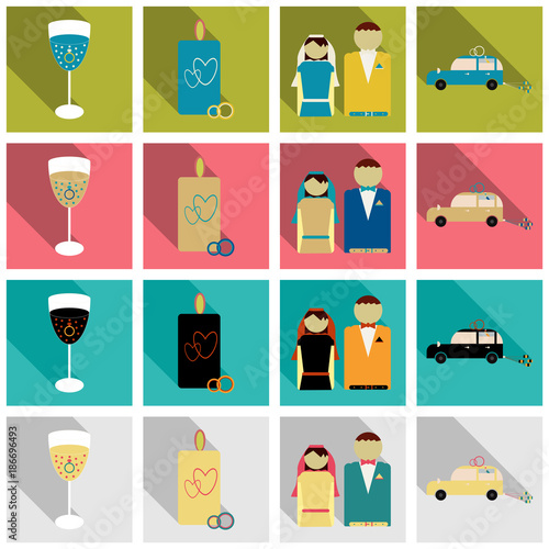 Set of weddings icons in flat style with shadow