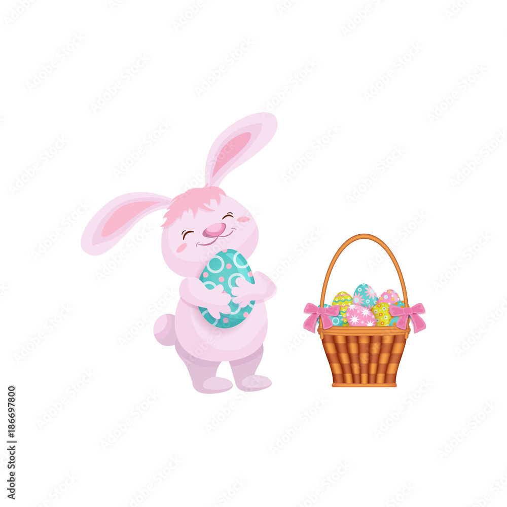 vector cartoon hand drawn stylized hare, rabbit character holding easter decorated egg smiling near wicker basket with flowers. Isolated illustration on a white background. Easter and spring symbols. vector cartoon hand drawn stylized hare, rabbit character holding easter decorated egg smiling near wicker basket with flowers. Isolated illustration on a white background. Easter and spring symbols.
