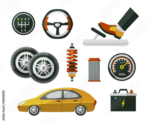 Car, auto, automobile and set of parts wheel, tires, pedal, speedometer, battery, air filter and shock absorber, flat cartoon vector illustration isolated on white background. Set of auto parts