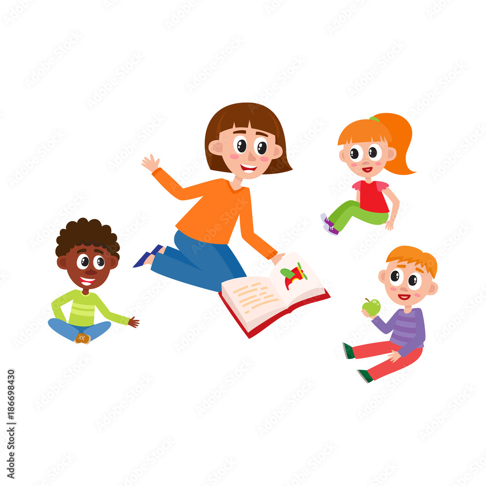 vector flat kids - boys and girls sitting around young woman with book - teacher and listening to her attentively with interest. Isolated illustration on a white background. Kindergarten concept