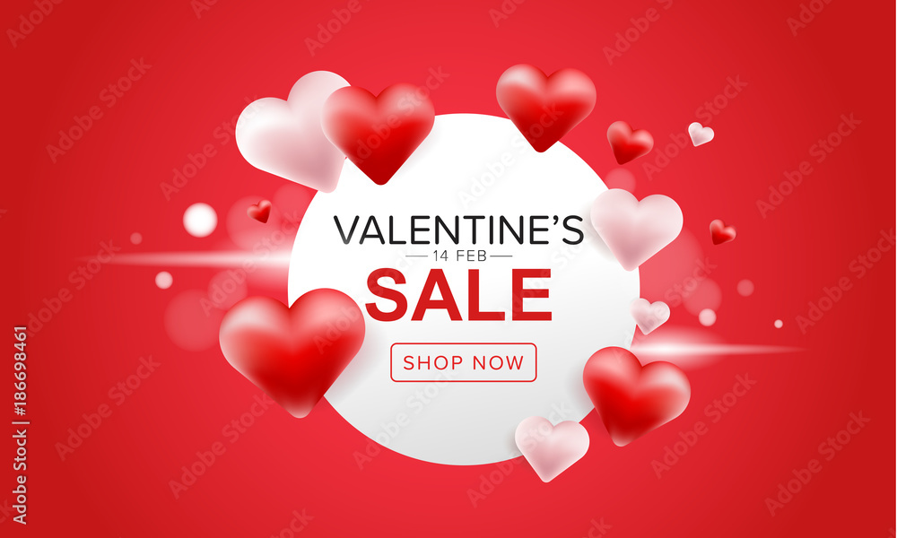 Valentine’s day sale banner design with red and pink 3D heart balloons on red background. Vector illustrator