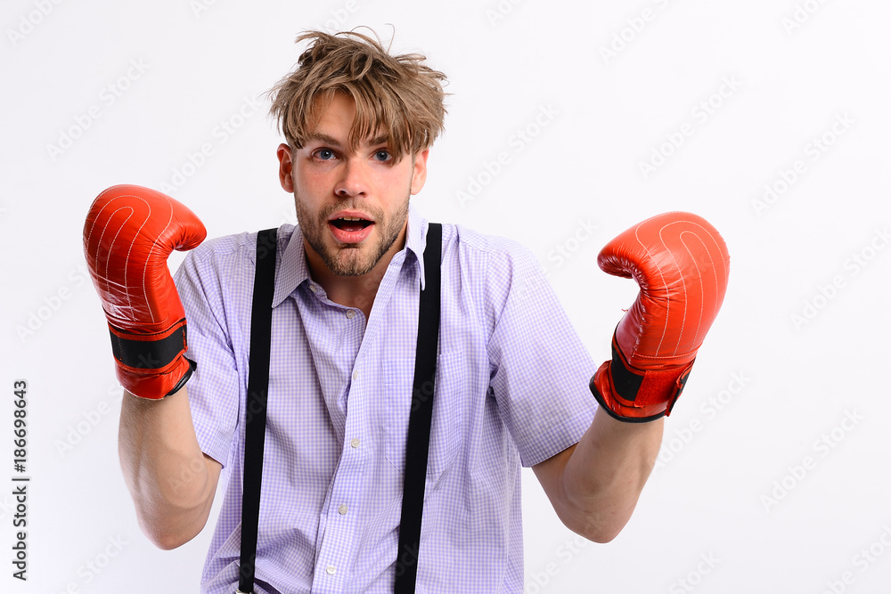 Fotografie Nerd with leather box equipment isolated on white background.