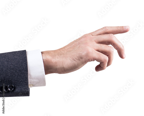 Man's hand in suit pointing in the air.
