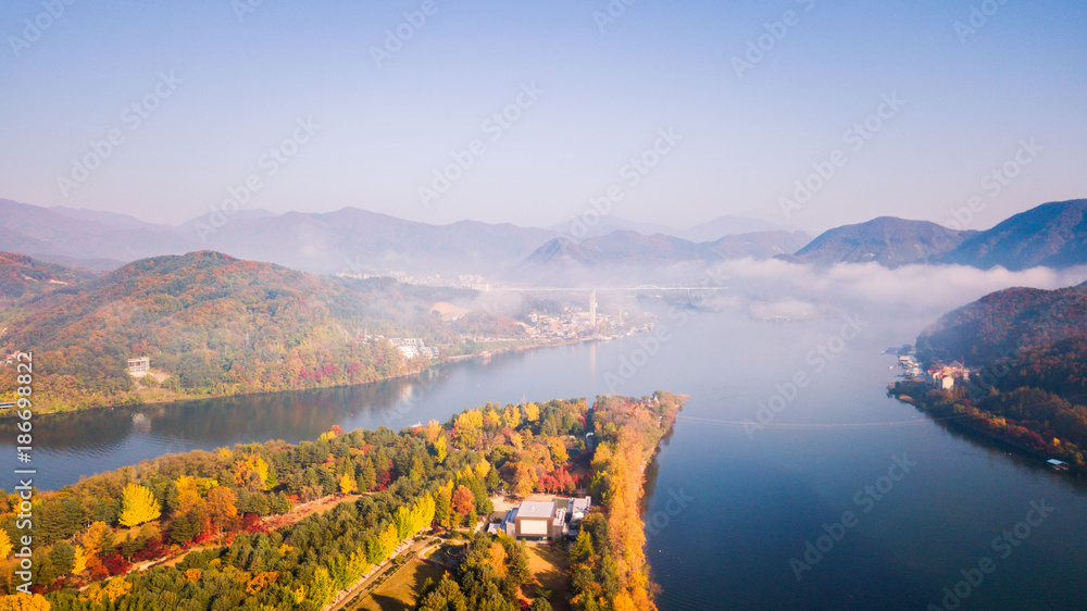 Aerial view. Sunrise Autumn at Nami island ,Seoul Korea.