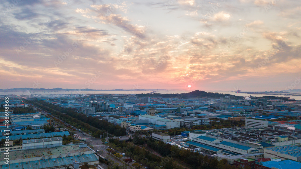 Aerial view Sunset of the industrial park. incheon Seoul,Korea.
