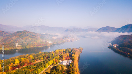 Obraz na płótnie Aerial view. Sunrise Autumn at Nami island ,Seoul Korea. w salonie