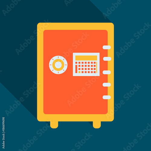 Metal bank safe vector icon in a flat style. Closed safe isolated on a colored background. Concept of the icon safe shadow at the bottom. Simple illustration of the safe.