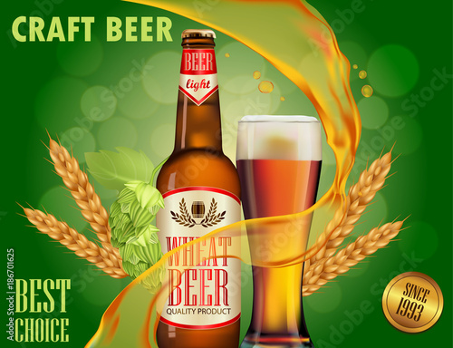 Beer advertisement design. Poster template for classic white beer ad package design. Vector glass bottle and cup with beer, 3d illustration