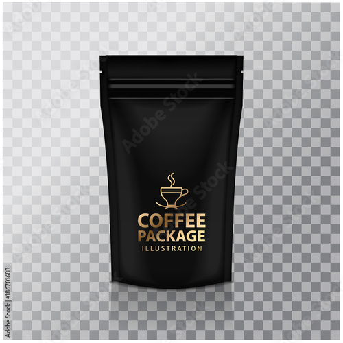 Blank Black Foil Coffee Doy Pack Pouch Sachet Bag Packaging with Zipper. Vector Isolated Mock up temlate