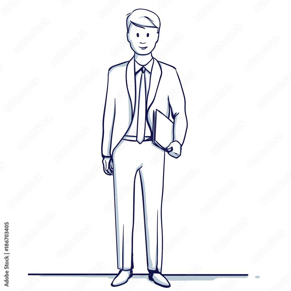 Young business man in the dress stands and holds a folder in his hand. Hand drawn doodle cartoon vector illustration.. Young business man in the dress stands and holds a folder in his hand. Hand drawn doodle cartoon vector illustration..
