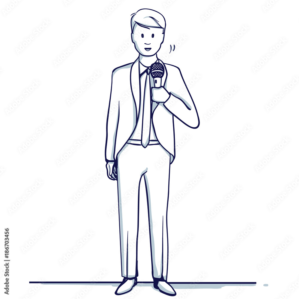 Young business man stands with a microphone. He sings or speaks. Hand drawn doodle cartoon vector illustration.. Young business man stands with a microphone. He sings or speaks. Hand drawn doodle cartoon vector illustration..
