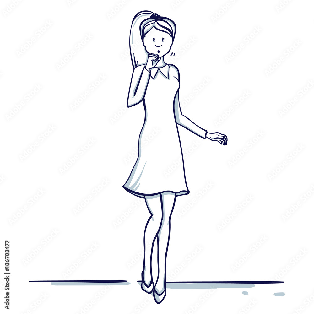 Young business woman stands. She coughs, fell ill. Hand drawn doodle cartoon vector illustration.. Young business woman stands. She coughs, fell ill. Hand drawn doodle cartoon vector illustration..