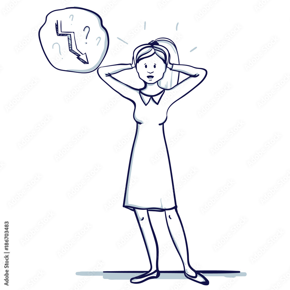 Young business woman stands. She holds his hands to his head. The failure, defeat, trend fall. Hand drawn doodle cartoon vector illustration.. Young business woman stands. She holds his hands to his head. The failure, defeat, trend fall. Hand drawn doodle cartoon vector illustration..