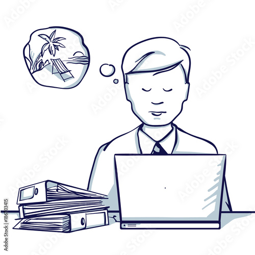 Young business man sitting at the table, next to his laptop and dreams of a vacation. Hand drawn doodle cartoon vector illustration..