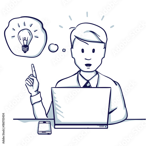 Young business man sitting at the table, next to his laptop she had an idea. Hand drawn doodle cartoon vector illustration..