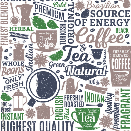 Retro styled typographic vector coffee and tea seamless pattern or background