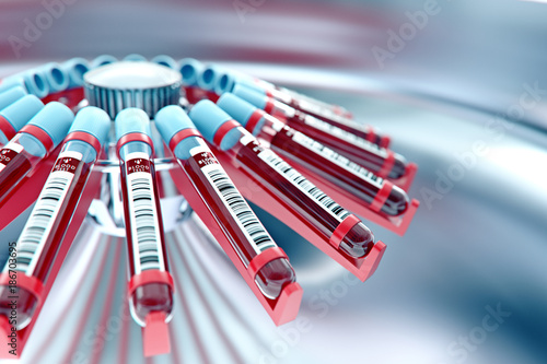 Lab equipment centrifuging blood. Concept image of a blood test.3d rendering. photo