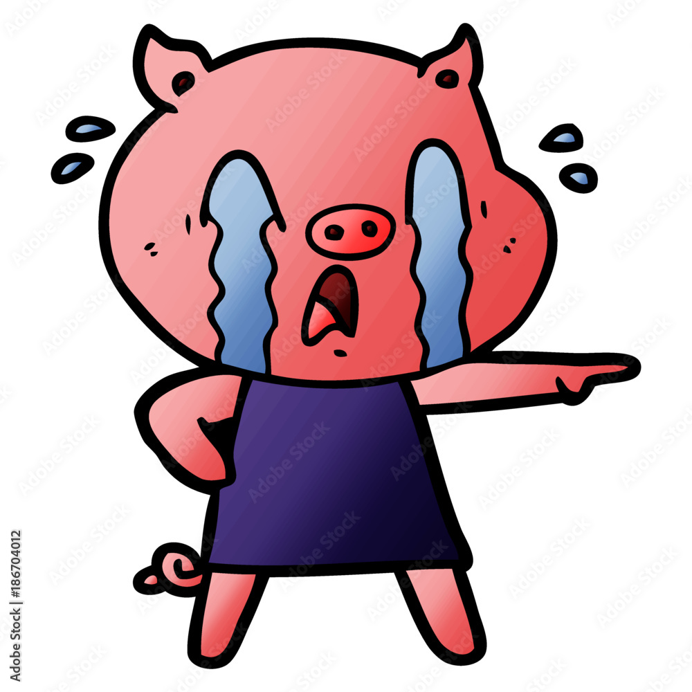 Fototapeta premium crying pig cartoon wearing human clothes
