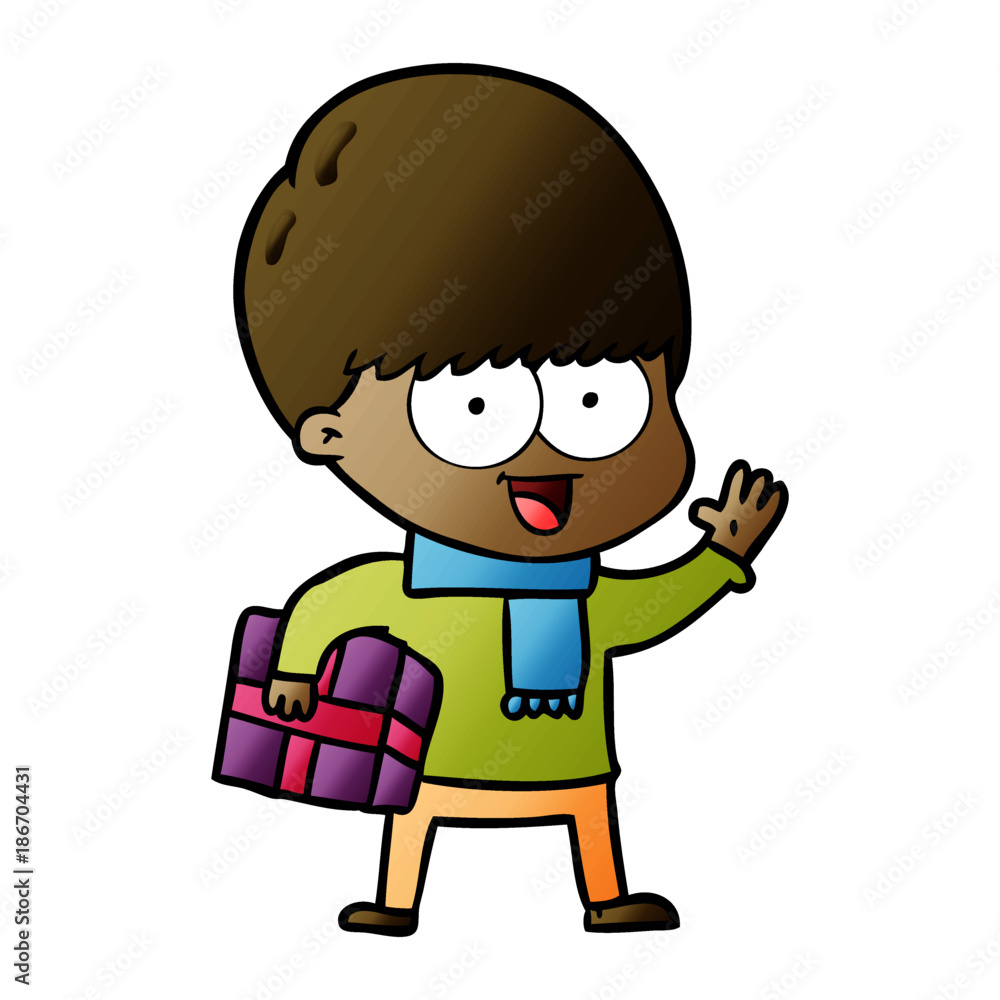 happy cartoon boy with present happy cartoon boy with present