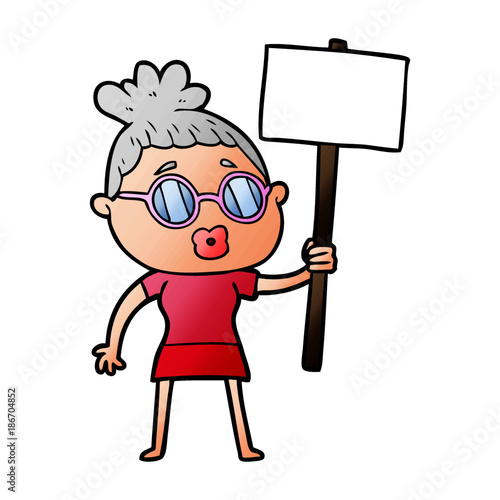cartoon protester woman wearing spectacles