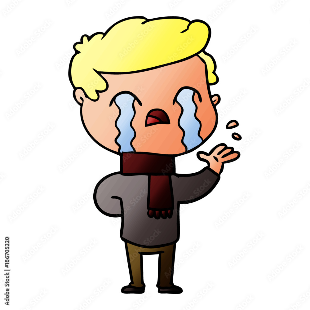 cartoon man crying wearing winter scarf