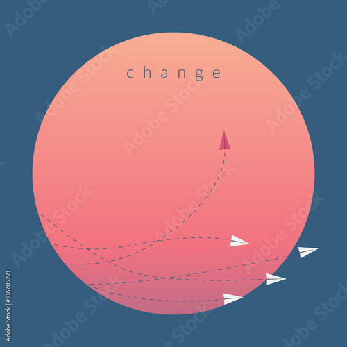 Minimalist stile red airplane changing direction and white ones. New idea, change, trend, courage, creative solution,business, innovation and unique way concept.