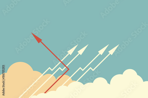 Minimalist stile red arrow changing direction and white ones. New idea, change, trend, courage, creative solution,business, innovation and unique way concept.