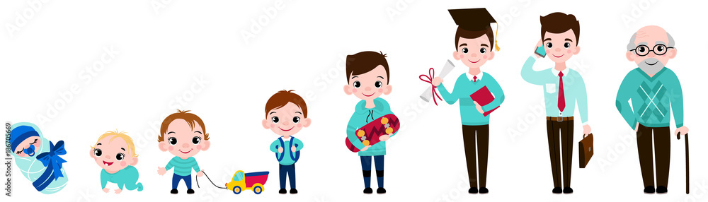 Human set icon or composition from baby to adult in flat style boys and men and father and grandfather. Vector illustration isolated on white background