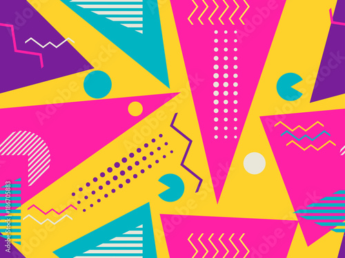 Memphis seamless pattern. Geometric elements memphis in the style of 80's. Vector illustration. photo