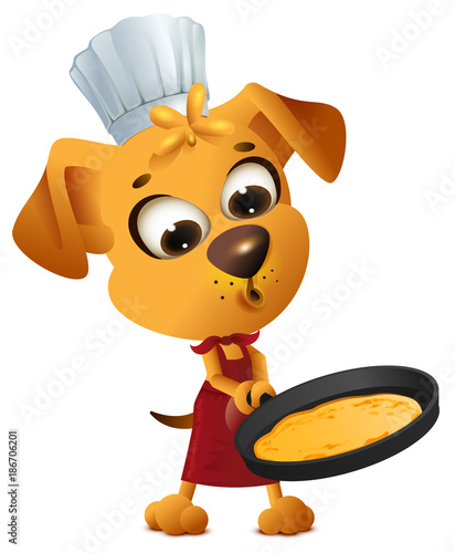 Fun yellow dog cook to make pancake in frying pan