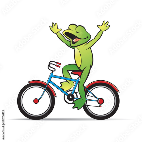 frog cartoon or mascot riding push bicycle no handed happily vector illustration