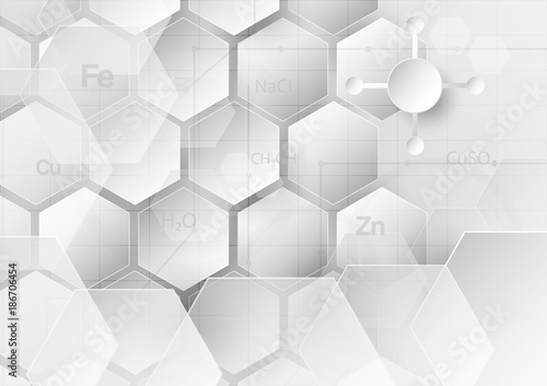 Abstract chemical background in grey and white tone in concept of paper cut and flat design.