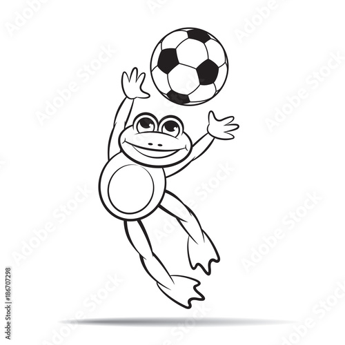 black outline frog cartoon or mascot jumping and catching football vector illustration