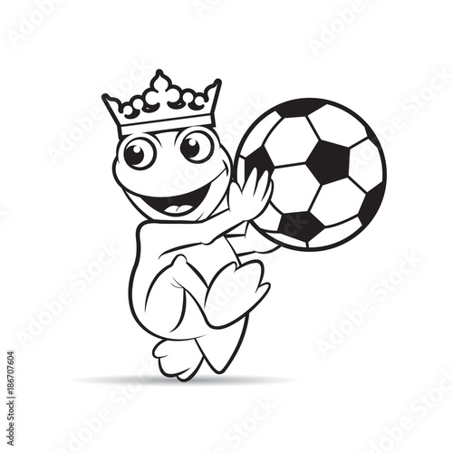 black outline crowned frog cartoon or mascot holding foot ball happily vector illustration