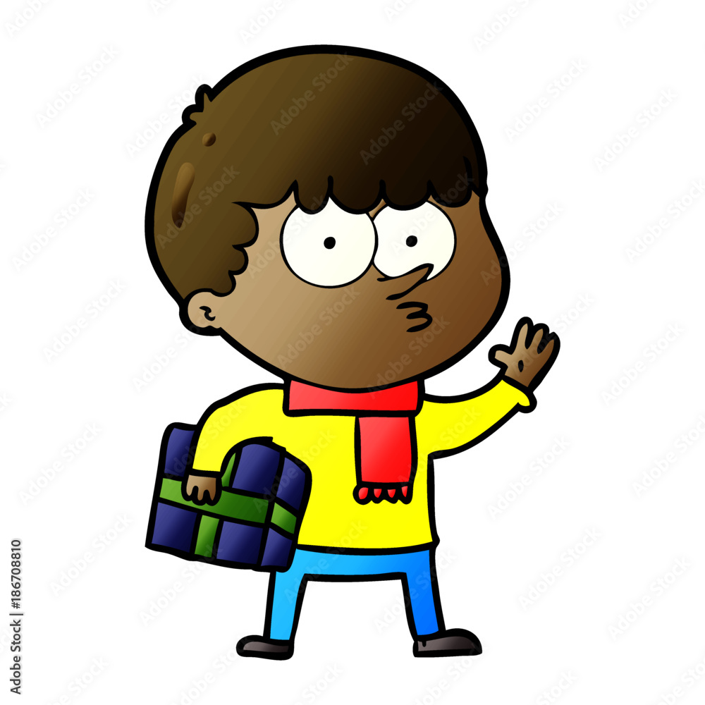 cartoon curious boy carrying a gift cartoon curious boy carrying a gift