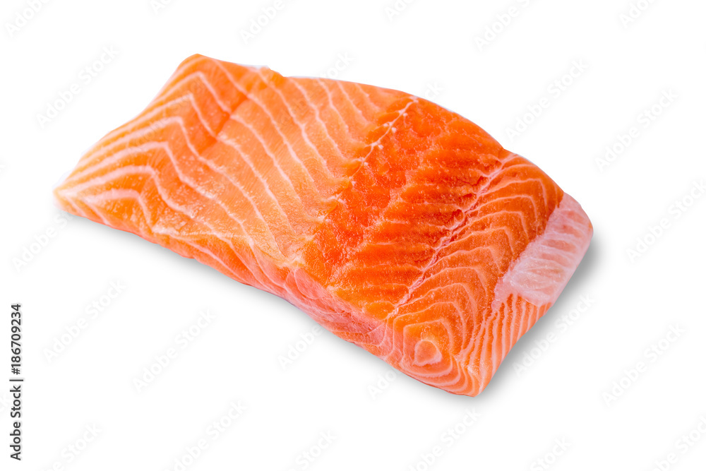 slice of fresh raw salmon on white background with path. slice of fresh raw salmon on white background with path.