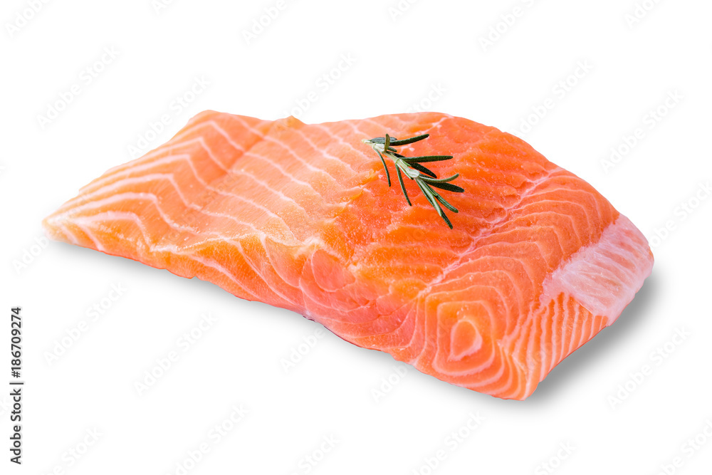 Raw salmon fillet with rosemary isolate on white with path