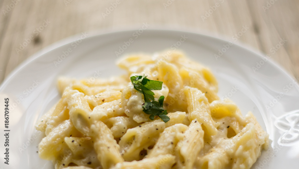 Homemade italian four cheese pasta on a white plate on a wooden table Homemade italian four cheese pasta on a white plate on a wooden table