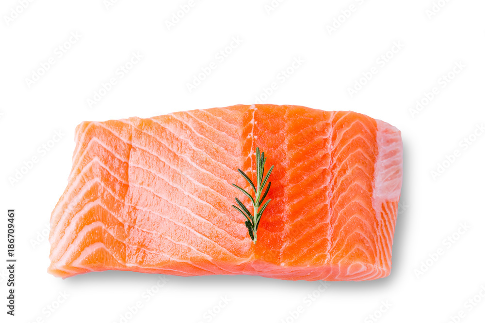 Raw salmon fillet with rosemary isolate on white with path Raw salmon fillet with rosemary isolate on white with path