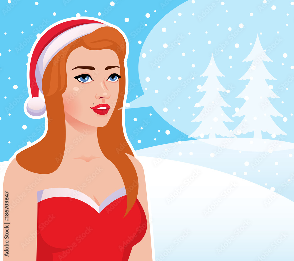 Retro woman in Santa hat on background of the winter landscape Retro woman in Santa hat on background of the winter landscape