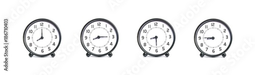 Closeup group of black and white clock for decoration show the time in 8 , 8:15 , 8:30 , 8:45 a.m. isolated on white background