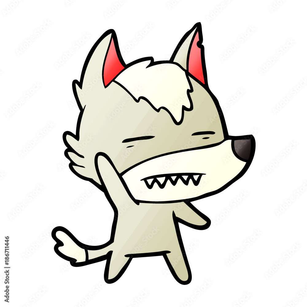 cartoon wolf waving showing teeth