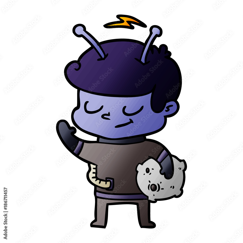 friendly cartoon spaceman holding meteor friendly cartoon spaceman holding meteor