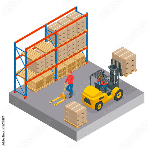 Isometric concept of a warehouse with staff, storage building, shelves with goods, unloading cargo isolated on a white background.