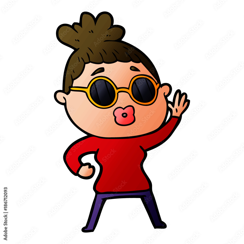 cartoon waving woman wearing sunglasses